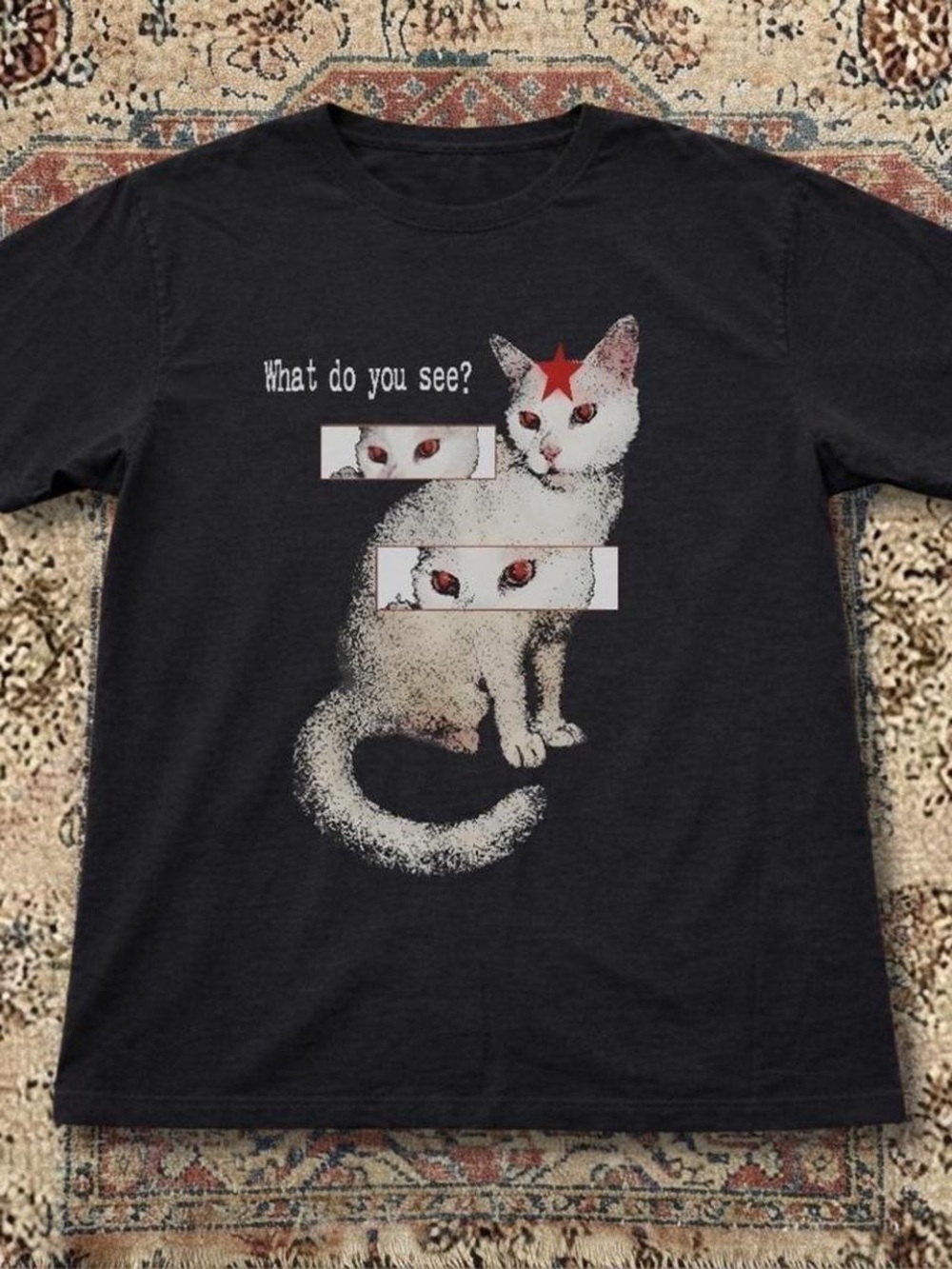 Gildan Black Tee with White Cat and Red Star Graphic